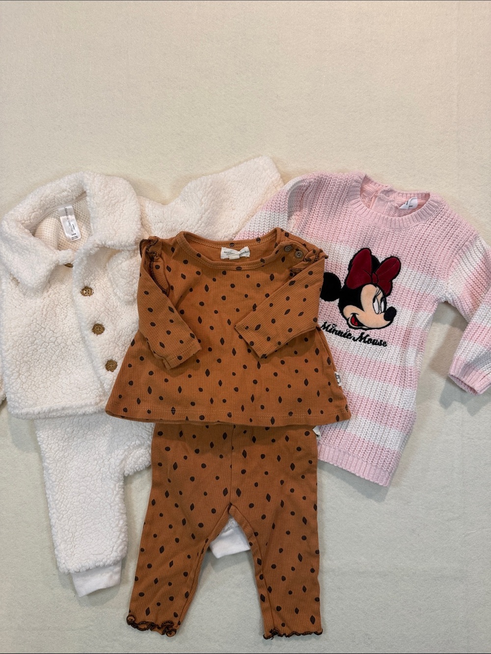 Lot of 3 Outfits - Minnie Mouse, Modern Moments & Rabbit Bear Szs 3-6 & 6-9mo UU